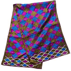 Vintage VERA Neumann Scarf ~ Signed ~ Made in Japan - Blue/Purple/Antique Gold